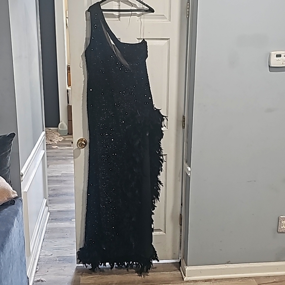 NOVA LUXE Black Sequins and feather ULTRA SEXY DRESS!!!
